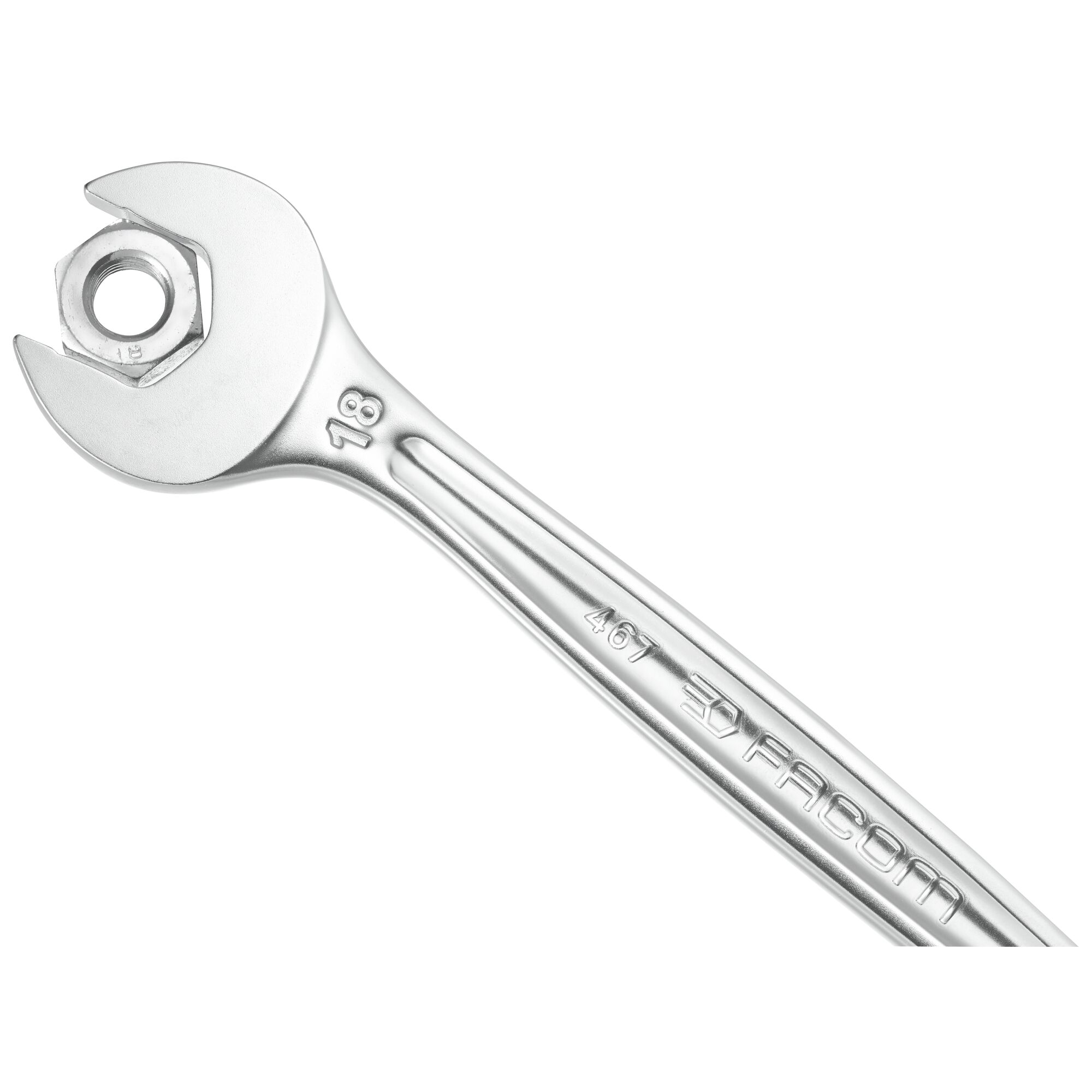 Photo of Facom 467B.7PB open-end wrench with 18 mm marking, silver finish, close-up on white background.